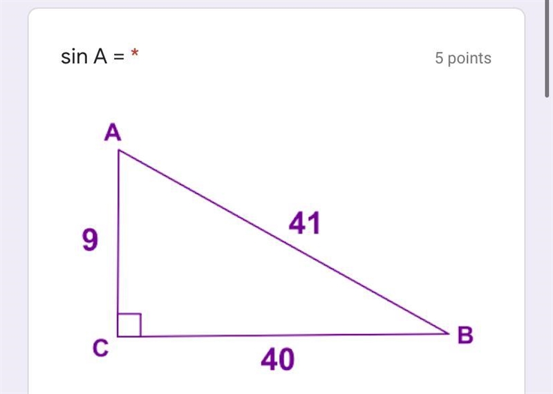 Sin A = option 1: 40/9 option 2: 9/41 option 3: 40/41 option 4: 41/40 what is the-example-1