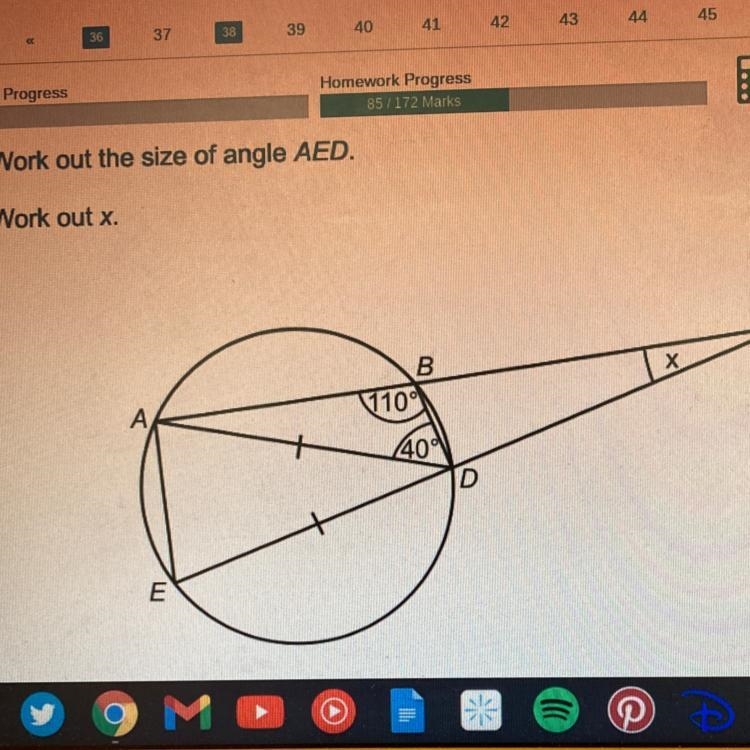 Save Work out the size of angle AED. b) Work out x-example-1