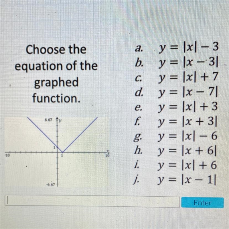 A Choose the equation of the graphed function. С. e. 6 a. y = |x- 3 – b. y = |x - 31 y-example-1