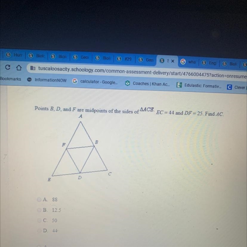 Points b d and f are midpoints of ten sides of ace ec=44 df=25 find ac-example-1