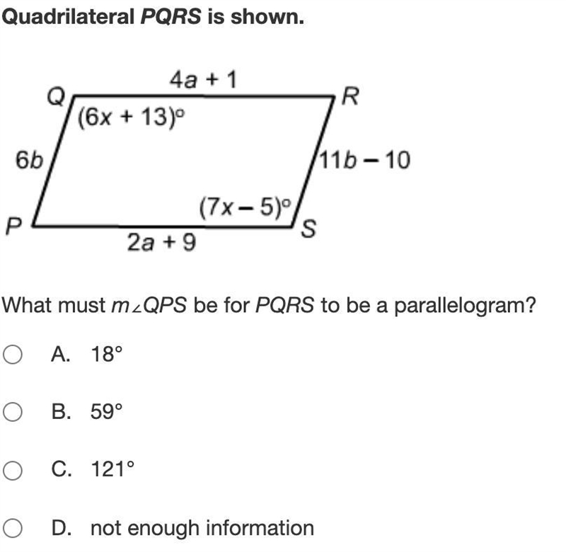 What must m∠QPS be for PQRS to be a parallelogram?-example-1