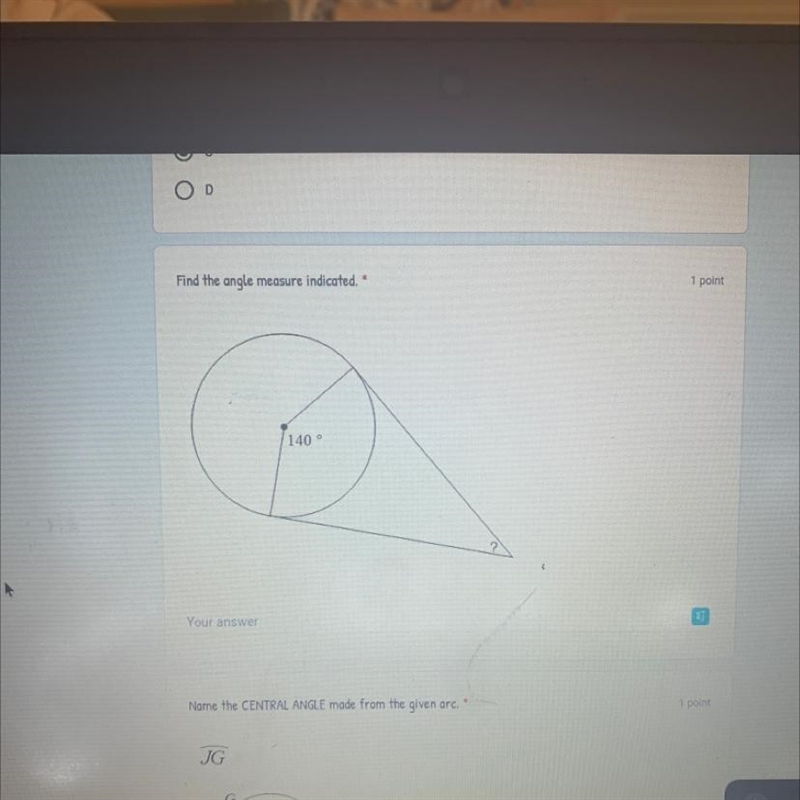 PLEASE HELP 30 POINTS Find the angle measure indicated. 140 ° ?-example-1