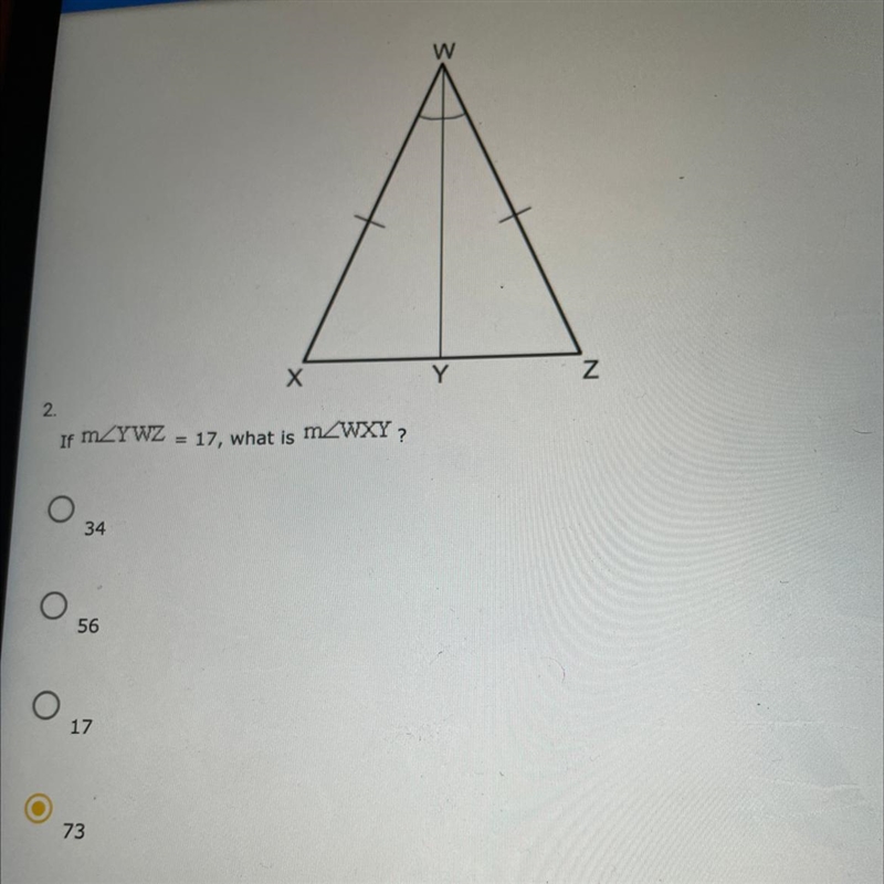 If YWZ=17, what is WXY? 34 56 17 73-example-1