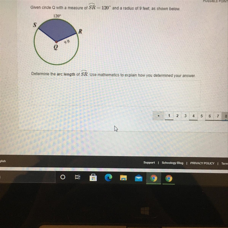 Given circle Q a measure of SR = 120 degree and a radius of 9 feet, as shown below-example-1