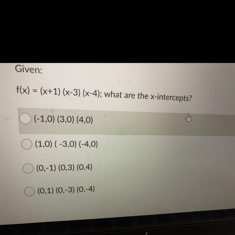 F(x) = (x+1)(x-3) (x-4); what are the x-intercepts? Pls help !!-example-1