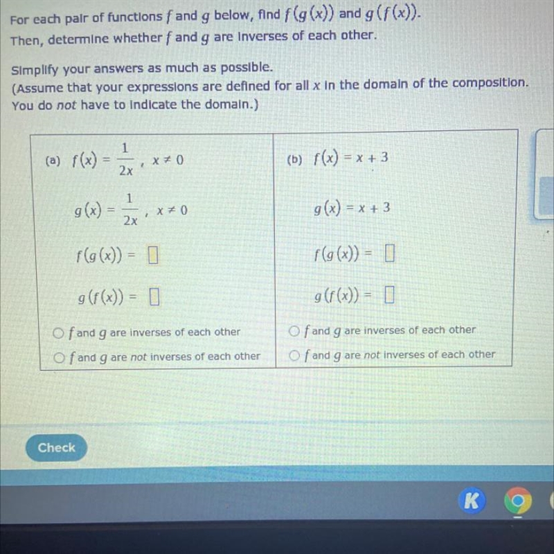 For each pair of functions f and g below, find f(g(x)) and g(f(x)). Then, determine-example-1