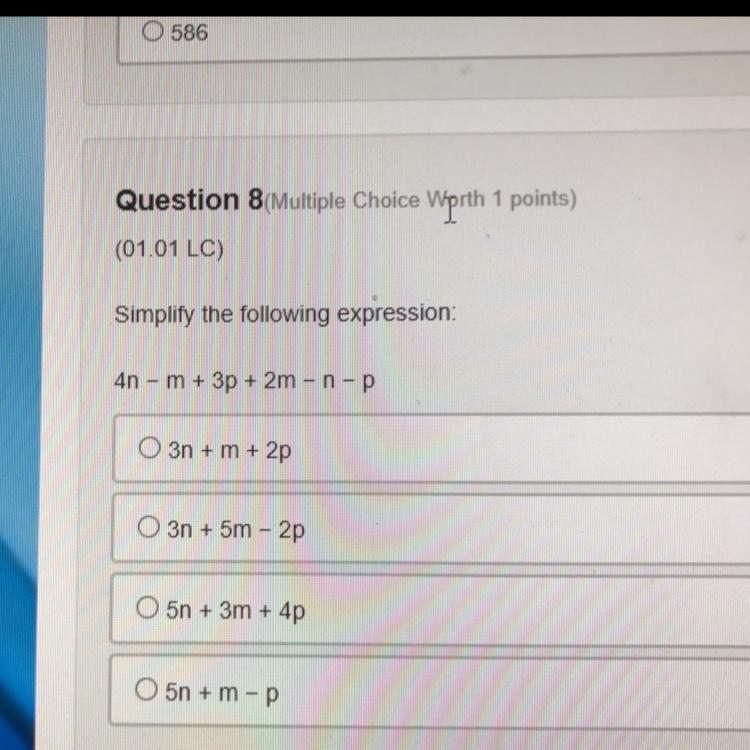 Simplify the following expression: 4n - m + 3p + 2m - n - p-example-1