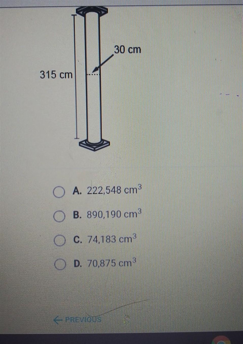 The cylindrical part of an architectural column has a height of 315 cm and a diameter-example-1