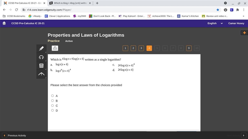 Which is 6log + 4log (x+6) written as a single logarithm?-example-1