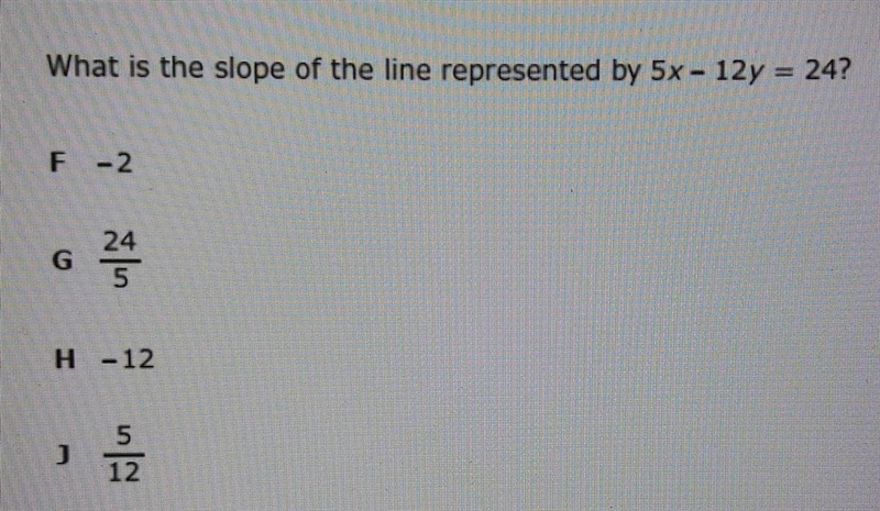 What is the slope of the line represented by 5x-12y=24?​-example-1