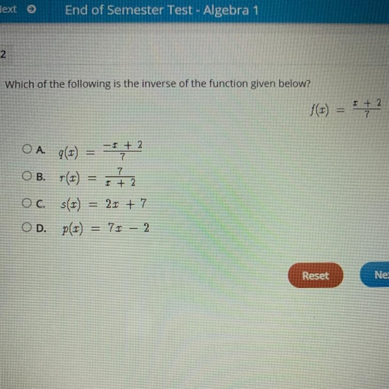 Which of the following is the inverse of the function given below? I + 2 7 O A. (1) -1 + 2 = 7 7 1 + 2 O-example-1