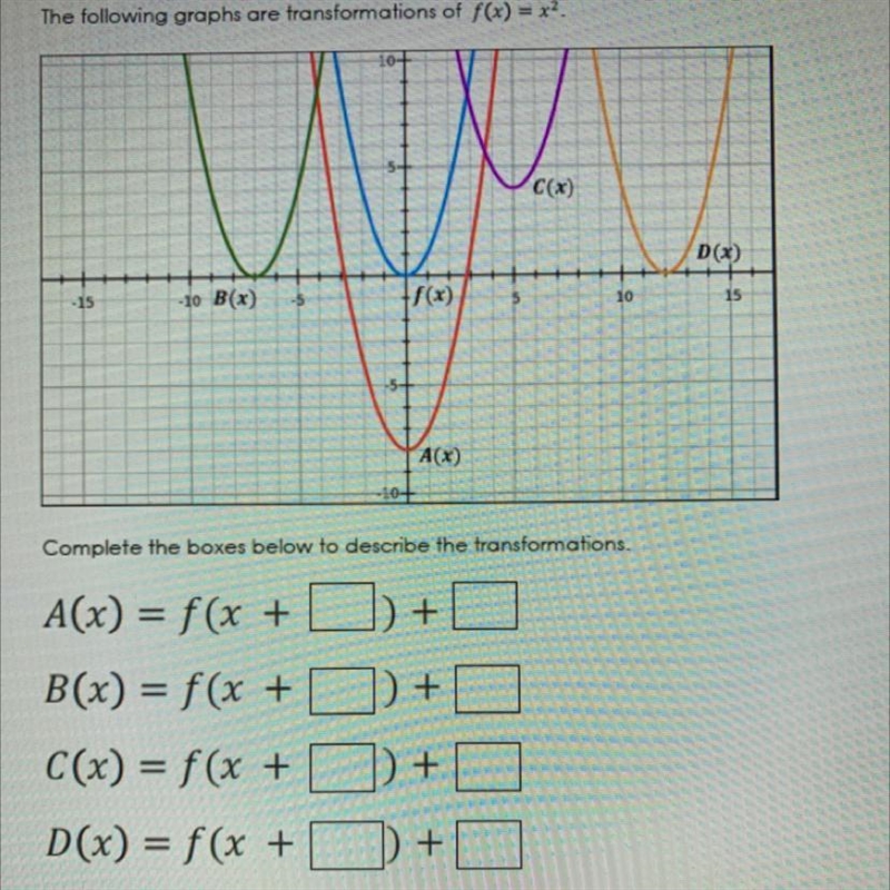 The following graphs are transformations of f(x) = x^2. Complete the boxes below to-example-1