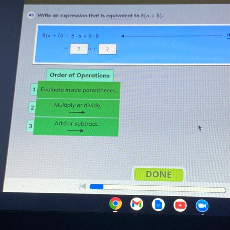 8(a+5)=8•a+8•5 ___. ___ = |_?_|a + |_?_|-example-1