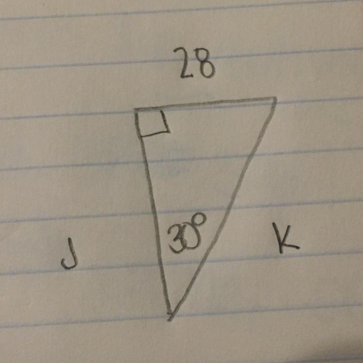 3) Using the picture, find the measure of side J. A) 28√3 B)28 C)56 4) Using the same-example-1