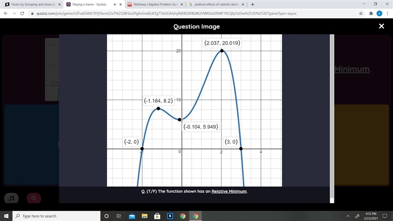 True or false : The Function shown below has an relative minimum. A.False B.Cannot-example-1