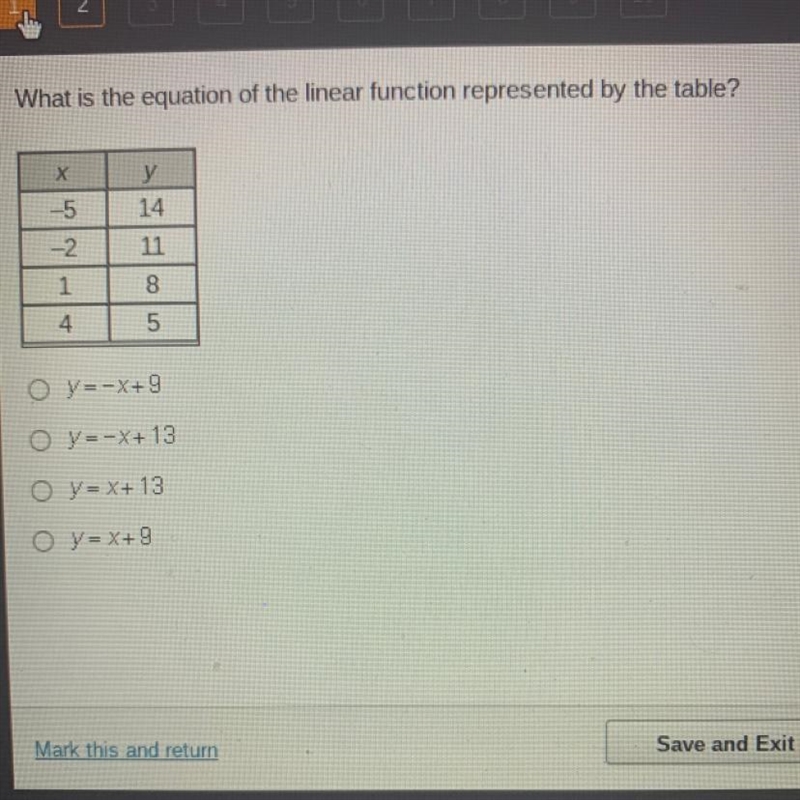 What is the equation of the linear function represented by the table? O y=-X+9 O y-example-1