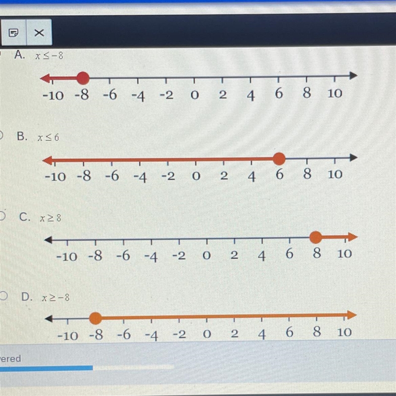 Choose the correct solution and graph for the inequality. -x/4=<2-example-1