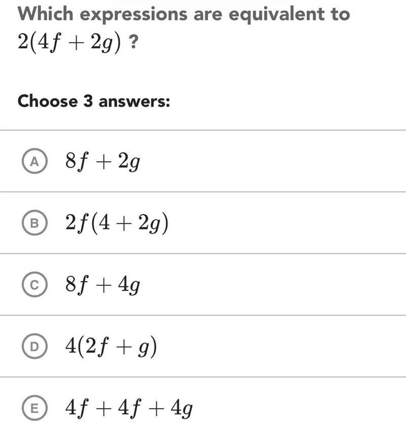 Which expressions are equivalent to 2(4f+2g) ?-example-1