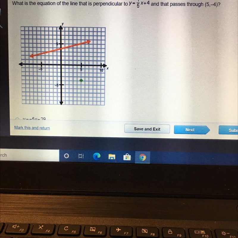 What is the equation of the line that is perpendicular to y=1/5x+4 and that passes-example-1