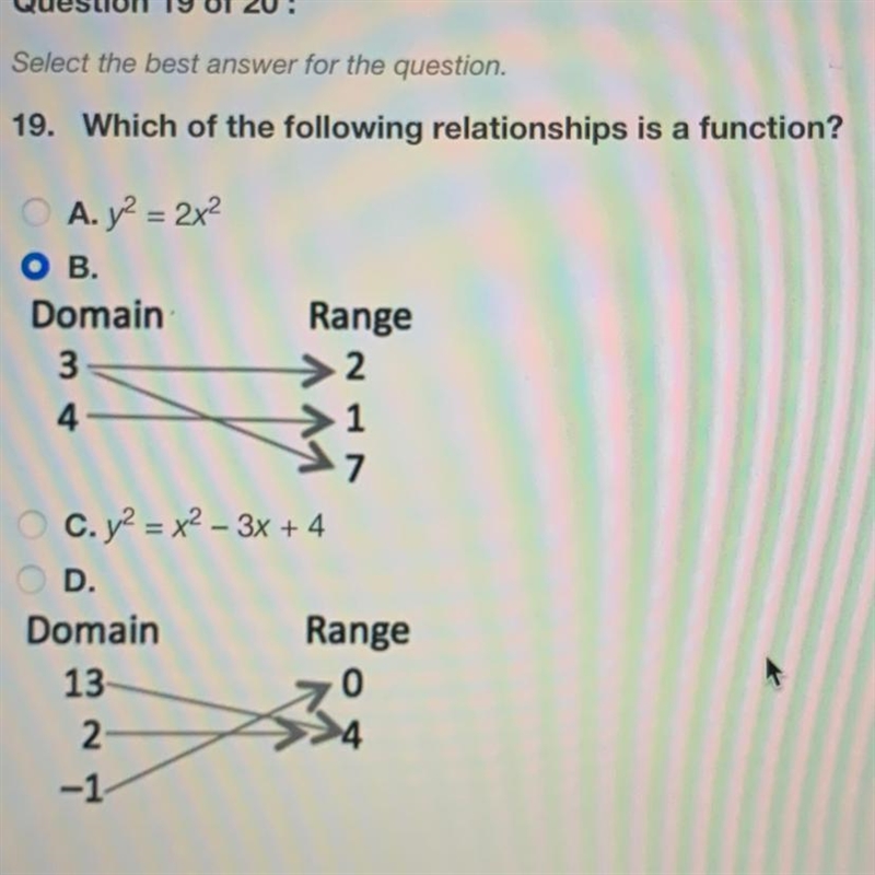 19. Which of the following relationships In the picture is a function?-example-1