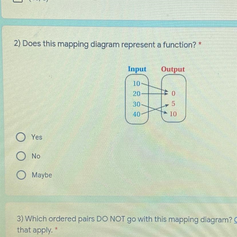 2) Does this mapping diagram represent a function? * Input Output 10 50 20 30 5. 40 + 10 O-example-1