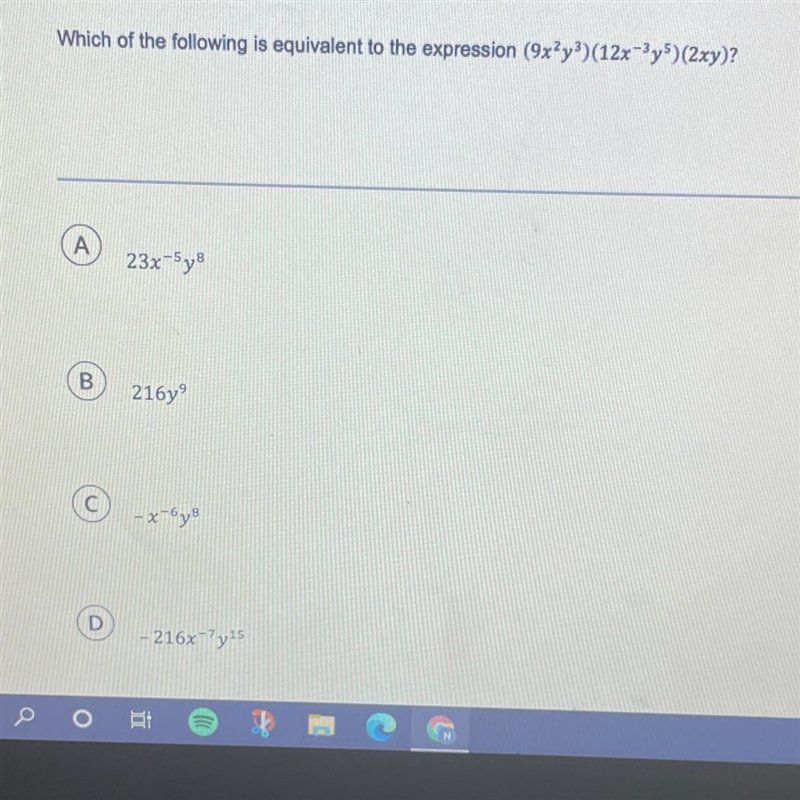 Which of the following is equivalent to the expression (9x’y) (12x+y)(2xy)?-example-1