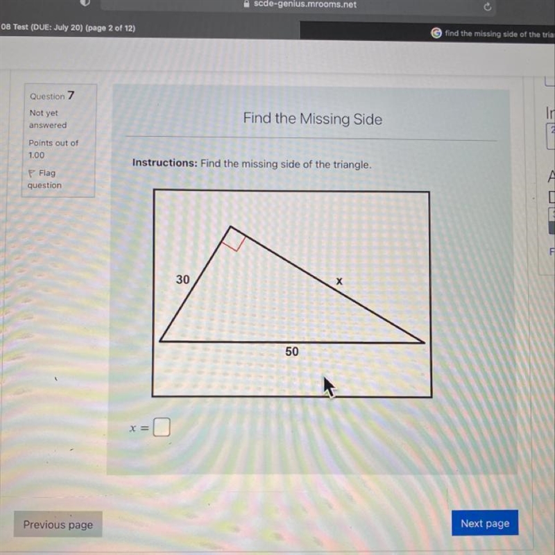 Instructions: Find the missing side of the triangle. 30 х 50 X=-example-1