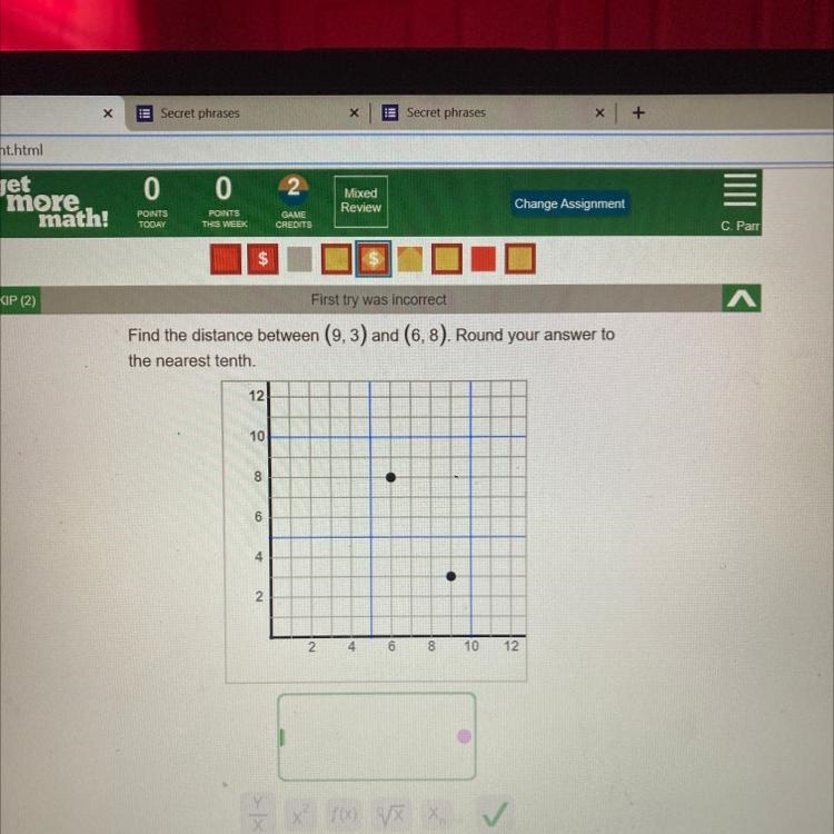 Find the distance between (9,3) and (6,8). Round your answer to the nearest tenth-example-1