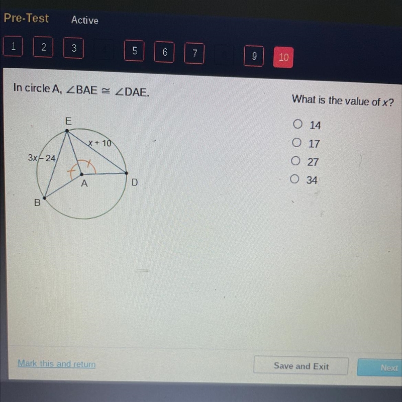 What is the value of x? 0 14 0 17 O 27 O 34 PLEASE HELP-example-1