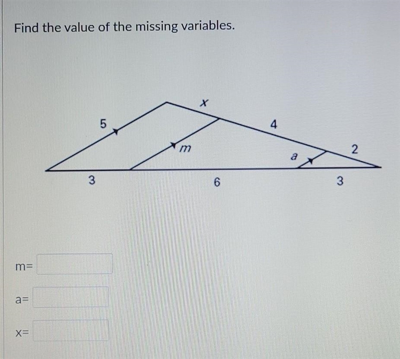 Find the value of the missing variables which are M, A, and X I really need help on-example-1