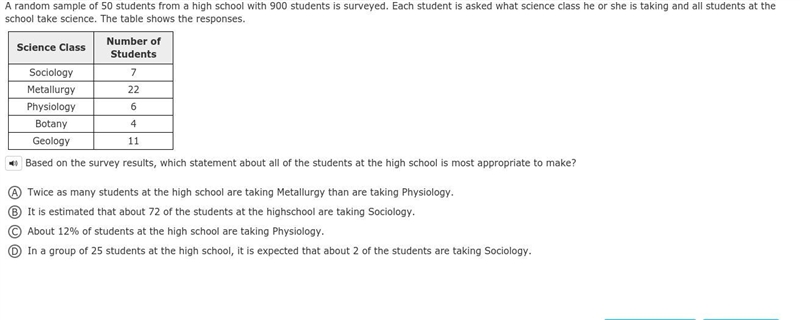 A random sample of 50 students from a high school with 900 students is surveyed. Each-example-1