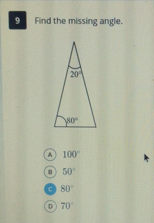 Find the missing angle. a)100 b)50 c)80 d)70 ​-example-1