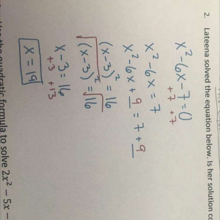 PLEASE HELP Lateena solved the equation below. Is her solution correct? Explain why-example-1