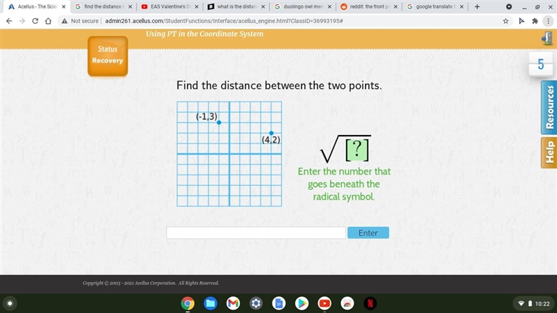 What is the distance between (-1,3) and (4,2)-example-1