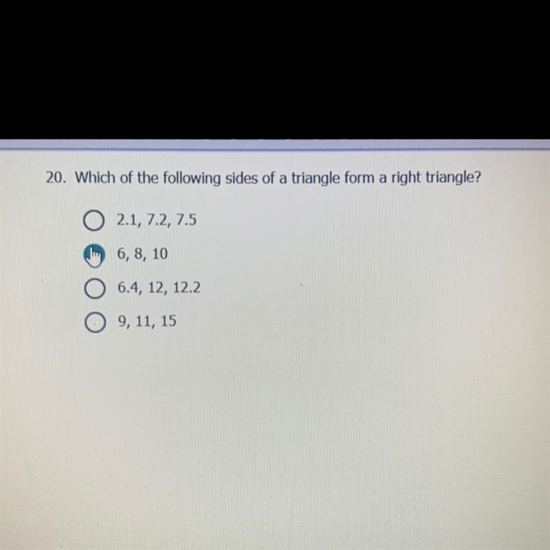 Which of the following sides of a triangle form a right triangle? a.) 2.1, 7.2, 7.5 b-example-1