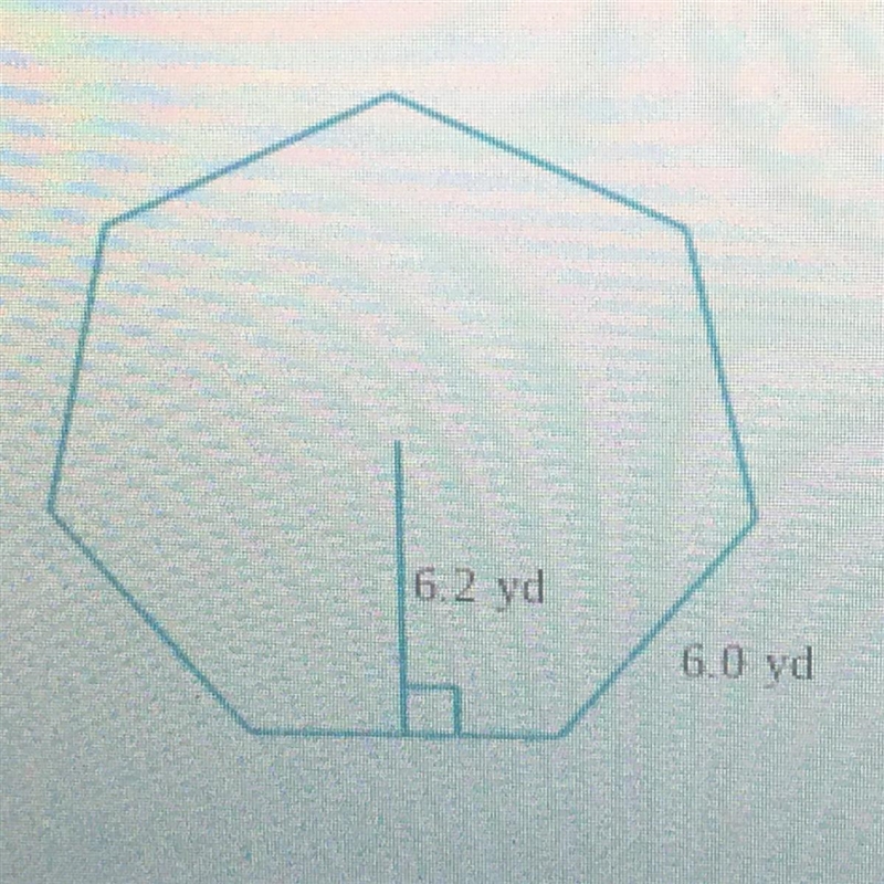 A regular heptagon has a side of approximately 6.0 yd and an apothem of approximately-example-1