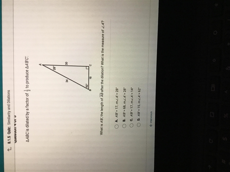 ABC is dilated by a scale factor of 1/2 to produce A’B’C’. What is A’B, the length-example-1