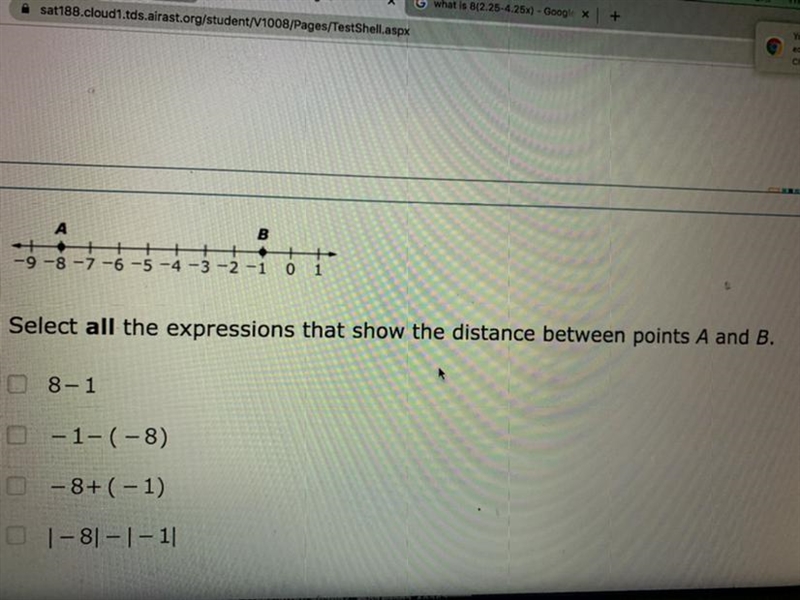 Select all the expressions that show the distance between points A and B. 08-1 0 -1-(-8) -8+ (-1) 1-81 - 1 - 1 PLEASE-example-1