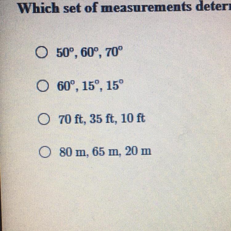 Which set of measurements determines more than one triangle?-example-1