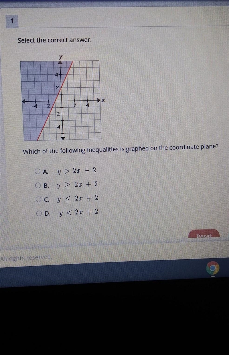 Select the correct answer. 7 2 2 4 Which of the following inequalities is graphed-example-1