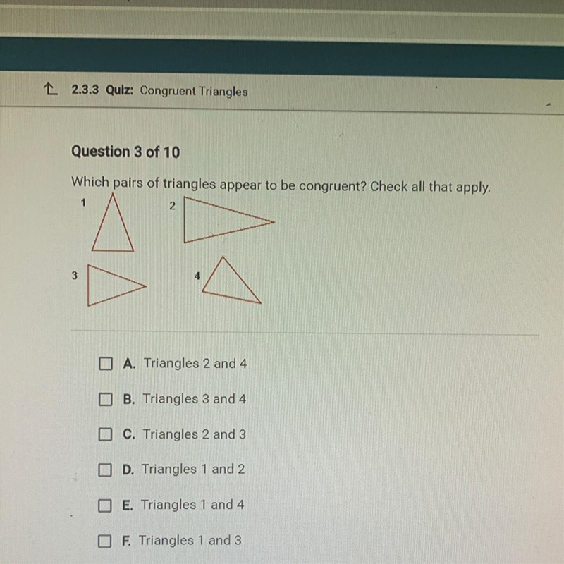 Which pairs of triangles appear to be congruent? Check all that apply.-example-1