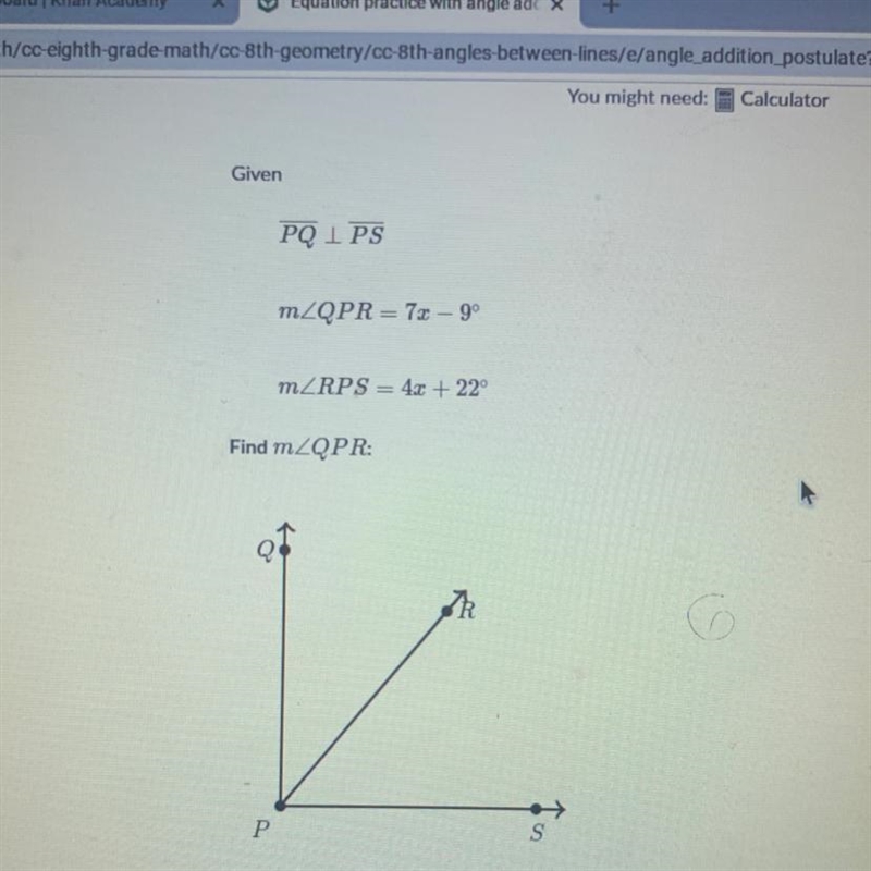 Given PQ 1 PS mZQPR = 73 – 9° mZRPS = 4x + 22 Find mZQPR: 87 R. Р S-example-1