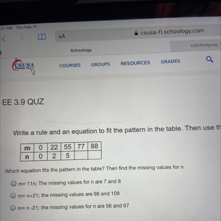 HELP ASAPP!!!!!!!!! WHICH EQUATION FITS THE PATTERN IN THE TABLE THEN FIND THE MOSSING-example-1