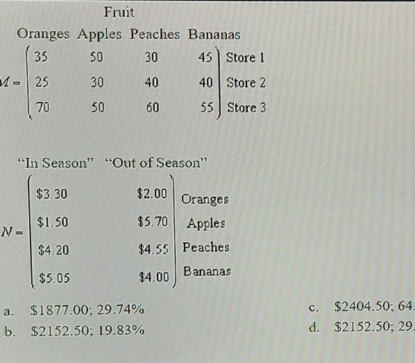 A supermarket chain sells oranges, apples, peaches, and bananas in three stores located-example-1