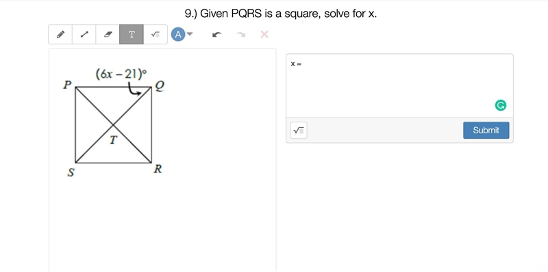 Given PQRS is a square, solve for x.-example-1