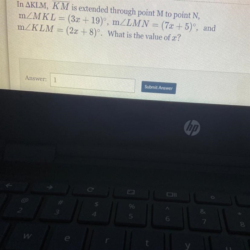 In AKLM, KM is extended through point M to point N, mZMKL = (3x+19)°, m LMN = (7x-example-1