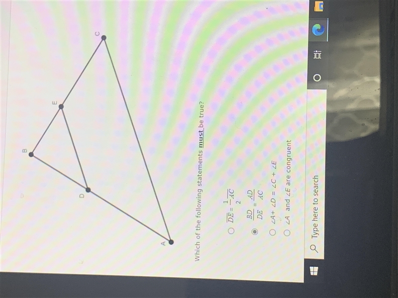 In the diagram below AC and DE are parallel which of the following statements must-example-1