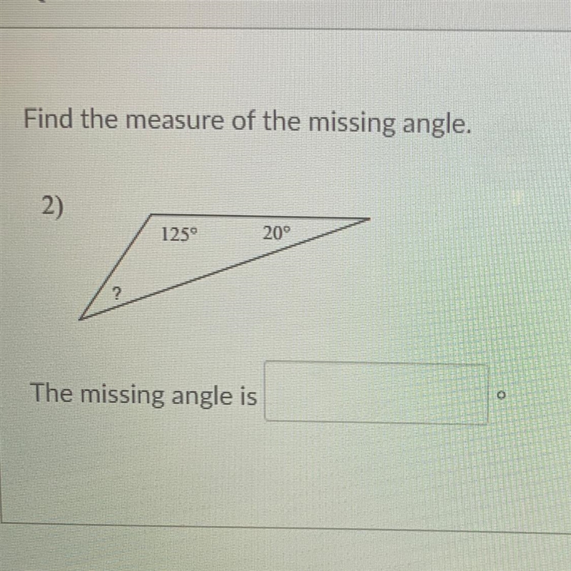 Find the measure of the missing angle.-example-1