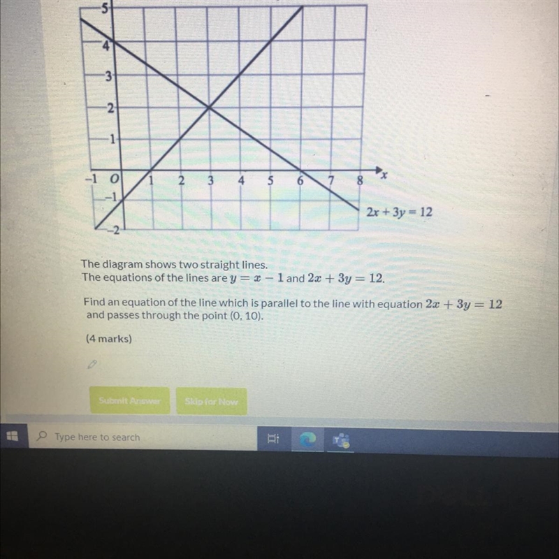 Y-r-1 N -10 2x+3y = 12 The diagram shows two straight lines. The equations of the-example-1