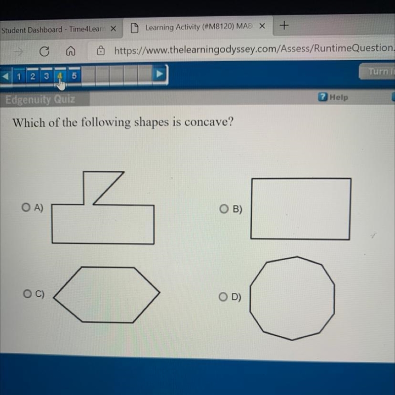 Which of the following shapes is concave? OA) OB) OC) OD)-example-1